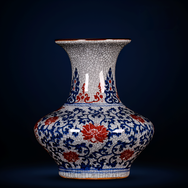Hand-Painted Antique-Style Blue And White Red Lotus Crackle Glaze Ceramic Vase with Wooden Base And Collector’s Certificate