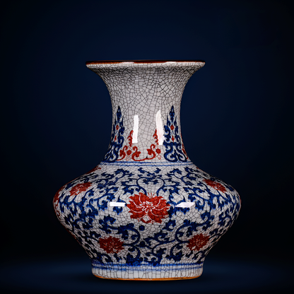 Hand-Painted Antique-Style Blue And White Red Lotus Crackle Glaze Ceramic Vase with Wooden Base And Collector’s Certificate