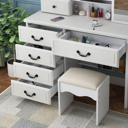 White Vanity Desk with Mirror & LED Lights – Makeup Table Set with 6 Drawers, Adjustable 3-Color Lighting & Storage Shelves