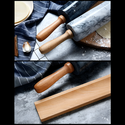 Natural Marble Rolling Pin with Wooden Handles and Base