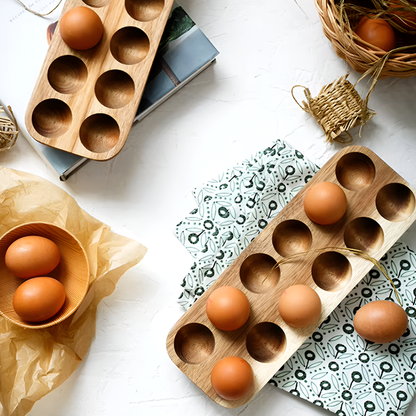 Acacia Wood Double Row Egg Tray – 12-Hole Solid Wood Egg Holder for Kitchen and Refrigerator Storage