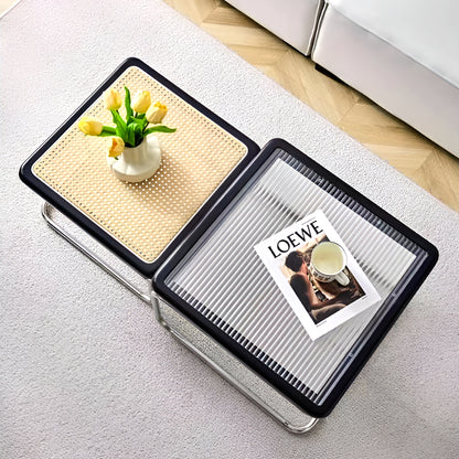 Nordic Nested Coffee Table Set – Solid Wood, Glass and Rattan with Stainless Steel Frame, Modern Antique Style