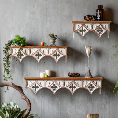 Handcrafted Rustic Wooden Wall Shelf – Vintage Carved Wall Décor for Living Room, Kitchen, or Café