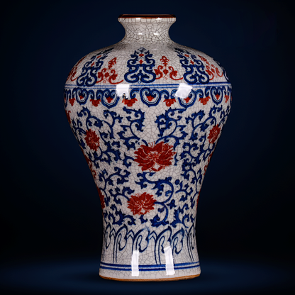 Hand-Painted Antique-Style Blue And White Red Lotus Crackle Glaze Ceramic Vase with Wooden Base And Collector’s Certificate