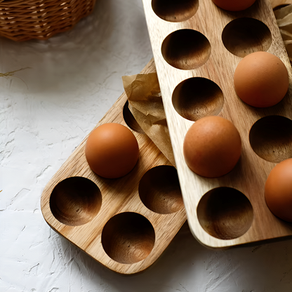 Acacia Wood Double Row Egg Tray – 12-Hole Solid Wood Egg Holder for Kitchen and Refrigerator Storage