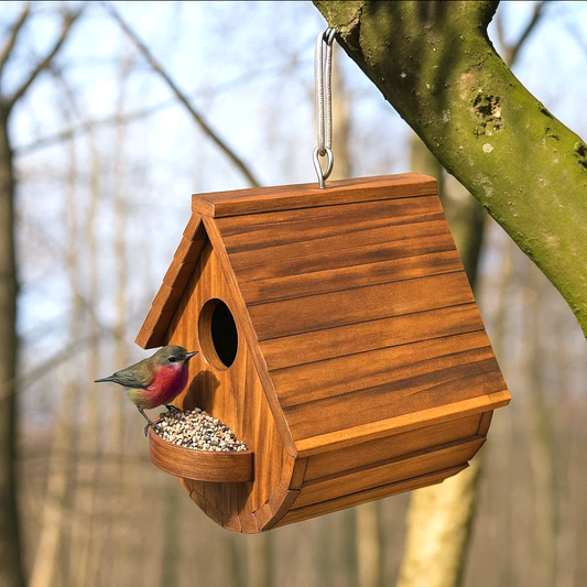 Rustic Wooden Bird House & Feeder – Burned Finish Nesting Box with Eaves, Hanging Outdoor Birdhouse for Garden, Yard, or Balcony