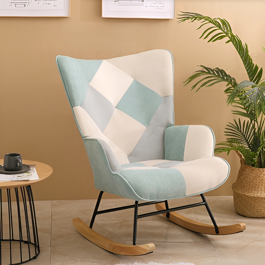 Mid-Century Accent Rocking Chair – Patchwork Linen Upholstery with Wooden Legs for Living Room & Bedroom