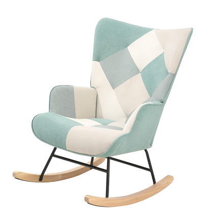 Mid-Century Accent Rocking Chair – Patchwork Linen Upholstery with Wooden Legs for Living Room & Bedroom