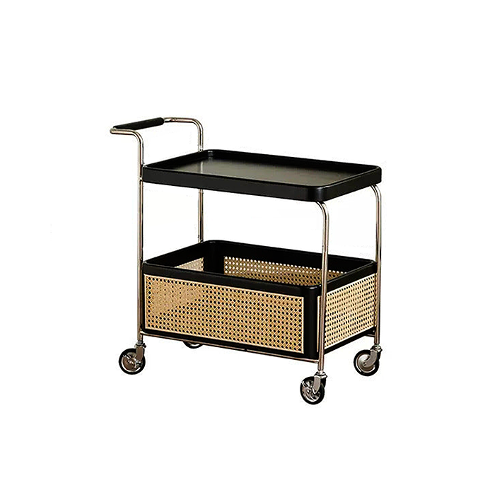 Solid Wood and Steel Mobile Serving Table – Rattan Trolley with Wheels for Dining Room and Living Room