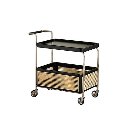 Solid Wood and Steel Mobile Serving Table – Rattan Trolley with Wheels for Dining Room and Living Room