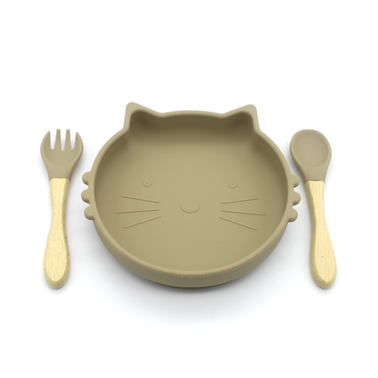 Cute Cat Silicone Baby Plate Set with Spoon and Fork