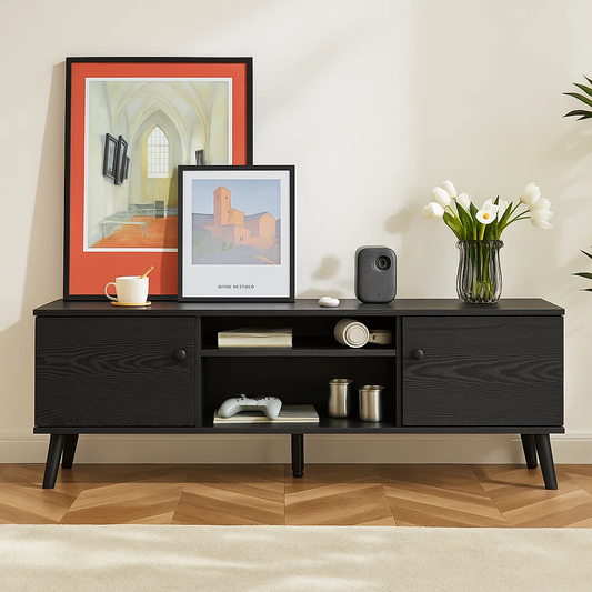 Modern Black TV Stand – Engineered Wood Entertainment Center with Adjustable Shelves and Cable Management