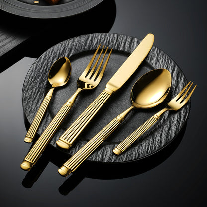 Roman Column Stainless Steel Knife And Fork Spoon Amazon Golden Tableware Knife And Fork Spoon Five-piece Set Light Luxury Western Steak Knife And Fork