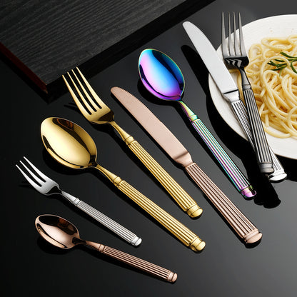 Roman Column Stainless Steel Knife And Fork Spoon Amazon Golden Tableware Knife And Fork Spoon Five-piece Set Light Luxury Western Steak Knife And Fork