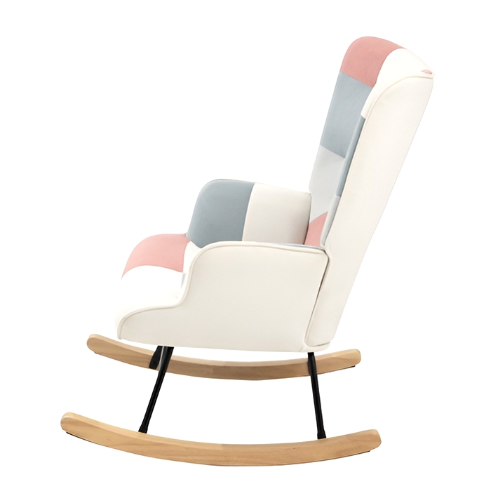 Mid-Century Accent Rocking Chair – Patchwork Linen Upholstery with Wooden Legs for Living Room & Bedroom