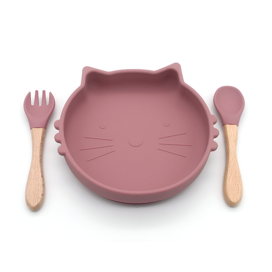 Cute Cat Silicone Baby Plate Set with Spoon and Fork