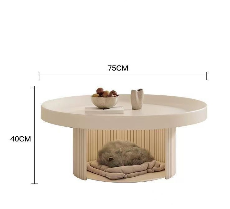 Modern Round Coffee Table with Built-In Pet Bed – 75cm French Retro Style Low Table for Living Room