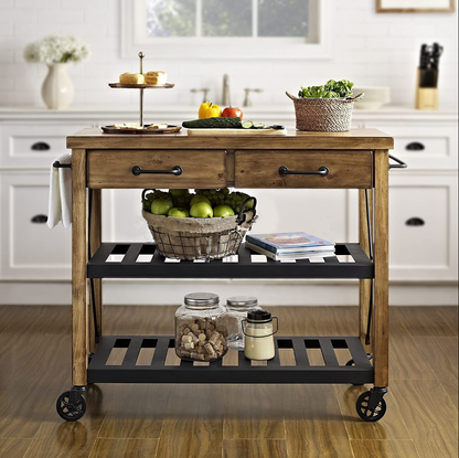 Solid Wood Movable Kitchen Island – Iron Frame Dining Cart with Storage Shelves