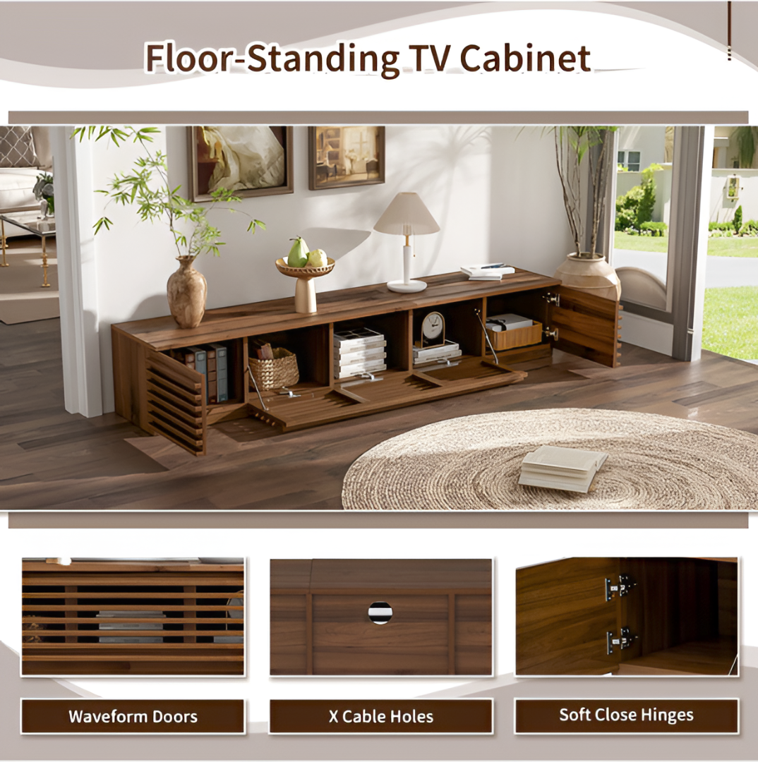 Modern 70-Inch Walnut TV Stand with Hidden Storage & Cable Management