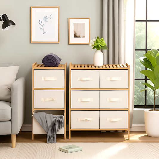 Bamboo Wood Fabric Drawer Storage Cabinet – 6/3 Drawer Organizer for Bedroom, Kids Room & Closet