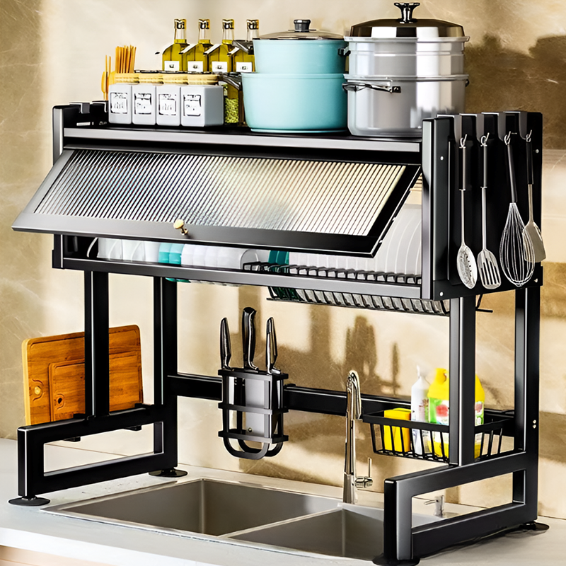 Over the Sink Dish Drying Rack with Dustproof Cover – Multifunctional Kitchen Storage Organizer
