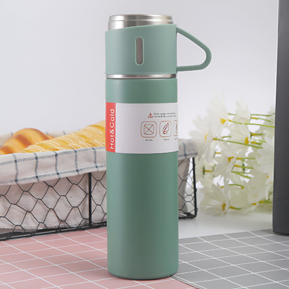 500ml Stainless Steel Vacuum Flask Set with 3 Cups – Travel Thermos for Hot & Cold Drinks