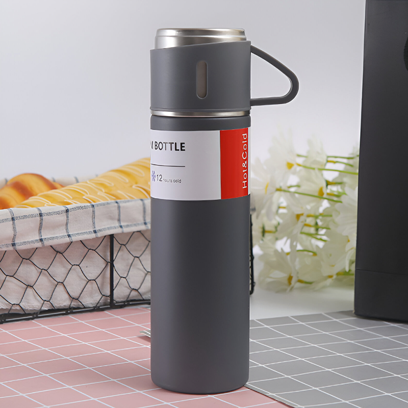 500ml Stainless Steel Vacuum Flask Set with 3 Cups – Travel Thermos for Hot & Cold Drinks