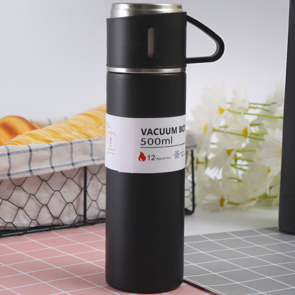 500ml Stainless Steel Vacuum Flask Set with 3 Cups – Travel Thermos for Hot & Cold Drinks