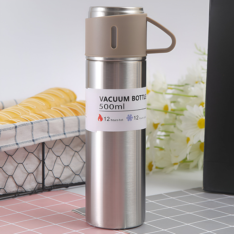 500ml Stainless Steel Vacuum Flask Set with 3 Cups – Travel Thermos for Hot & Cold Drinks
