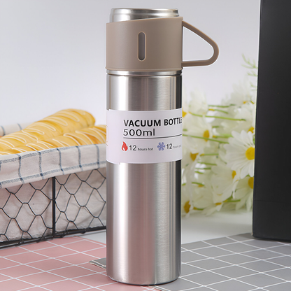 500ml Stainless Steel Vacuum Flask Set with 3 Cups – Travel Thermos for Hot & Cold Drinks