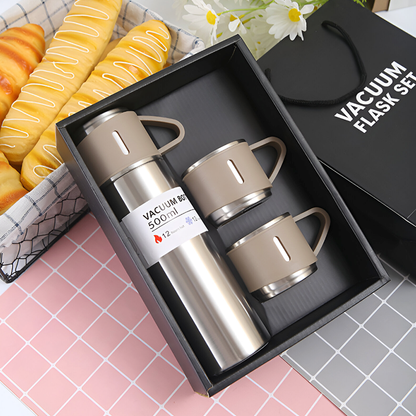 500ml Stainless Steel Vacuum Flask Set with 3 Cups – Travel Thermos for Hot & Cold Drinks
