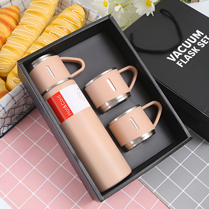 500ml Stainless Steel Vacuum Flask Set with 3 Cups – Travel Thermos for Hot & Cold Drinks