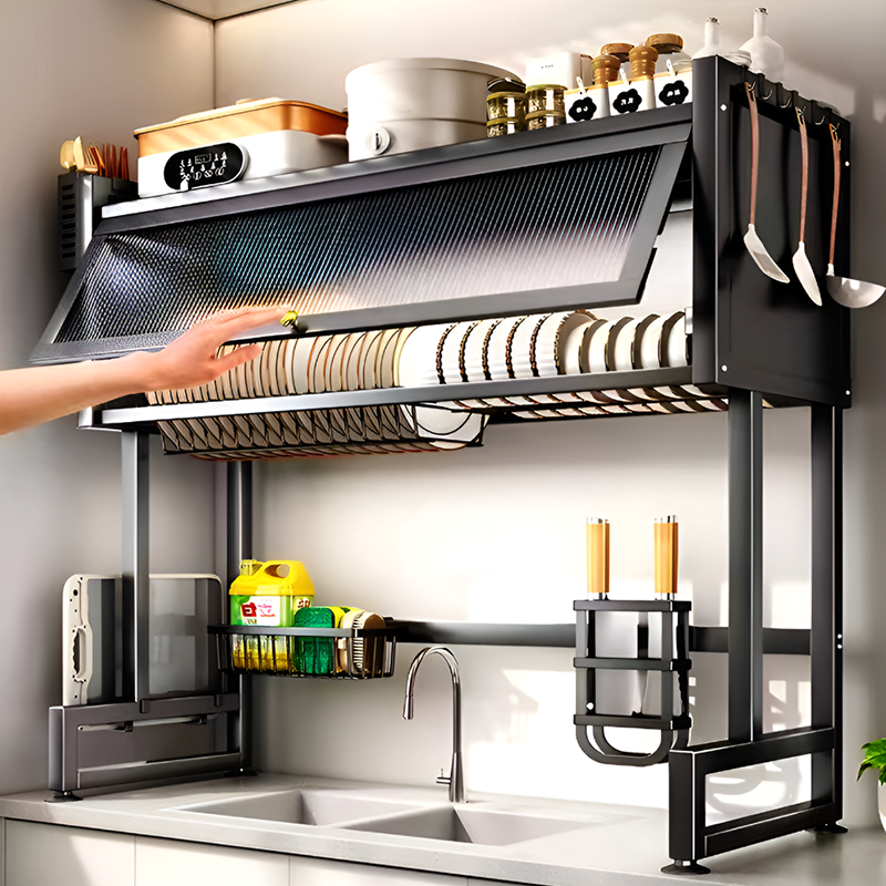 Over the Sink Dish Drying Rack with Dustproof Cover – Multifunctional Kitchen Storage Organizer