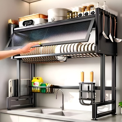 Over the Sink Dish Drying Rack with Dustproof Cover – Multifunctional Kitchen Storage Organizer
