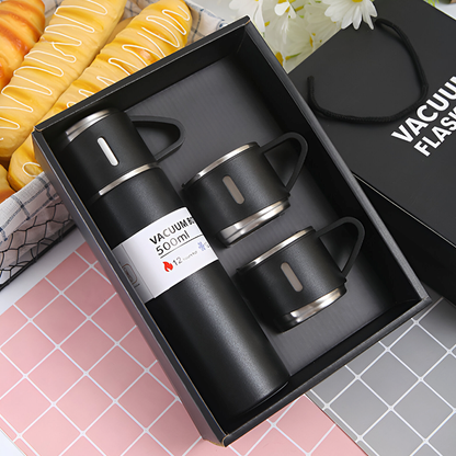 500ml Stainless Steel Vacuum Flask Set with 3 Cups – Travel Thermos for Hot & Cold Drinks