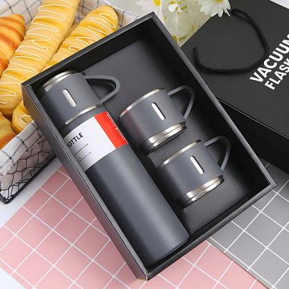 500ml Stainless Steel Vacuum Flask Set with 3 Cups – Travel Thermos for Hot & Cold Drinks