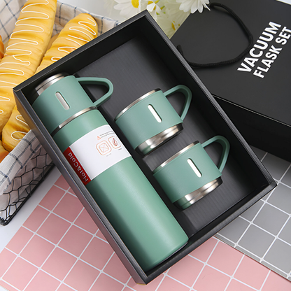500ml Stainless Steel Vacuum Flask Set with 3 Cups – Travel Thermos for Hot & Cold Drinks