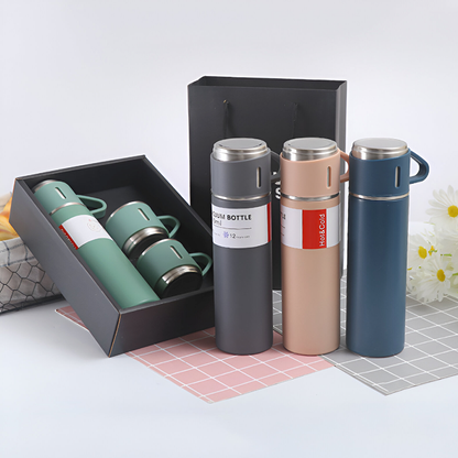 500ml Stainless Steel Vacuum Flask Set with 3 Cups – Travel Thermos for Hot & Cold Drinks