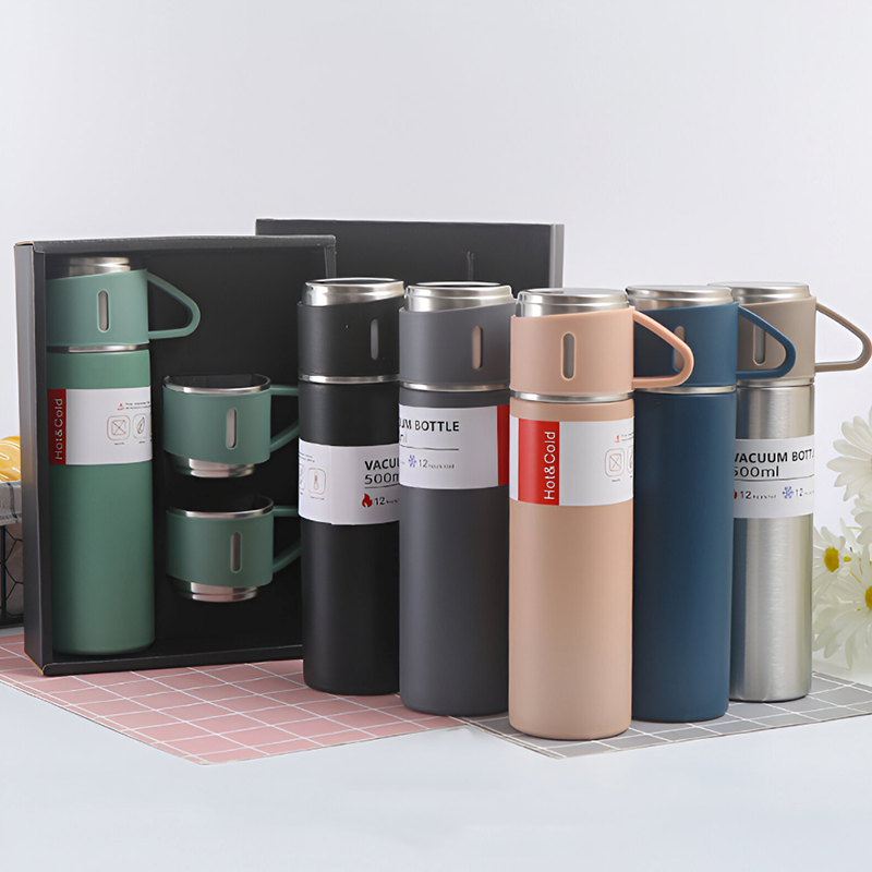 500ml Stainless Steel Vacuum Flask Set with 3 Cups – Travel Thermos for Hot & Cold Drinks