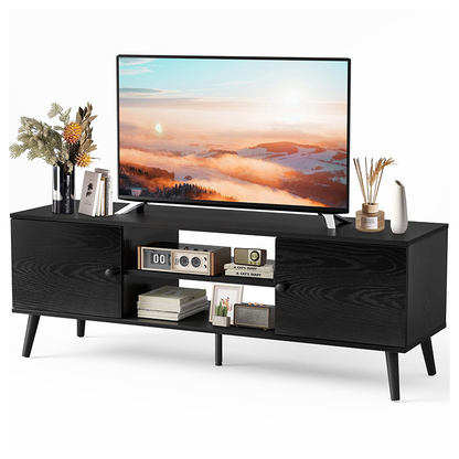 Modern Black TV Stand – Engineered Wood Entertainment Center with Adjustable Shelves and Cable Management