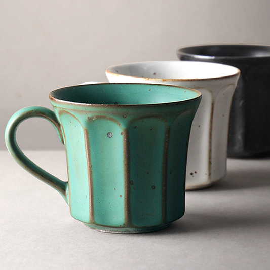 Handmade Stoneware Coffee Mug – Rustic Vintage Glazed Ceramic with Vertical Groove Design