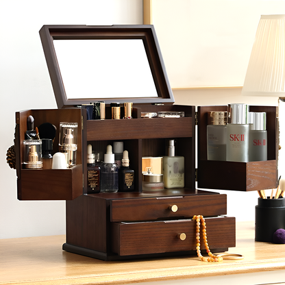 Vintage Wooden Makeup Organizer with Mirror – Multi-Tier Cosmetic Storage Box, Skincare & Jewelry Organizer, Dustproof Vanity Box for Dressing Table