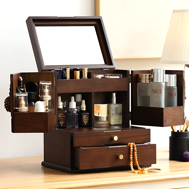 Vintage Wooden Makeup Organizer with Mirror – Multi-Tier Cosmetic Storage Box, Skincare & Jewelry Organizer, Dustproof Vanity Box for Dressing Table