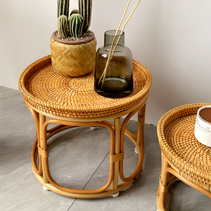 Handmade Rattan Side Table – Round Accent Table for Living Room, Balcony & Snacks Storage