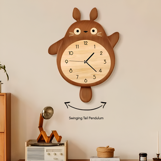 Totoro Wall Clock – Log Style Kids Room Clock with Swinging Tail | 35x46cm Decorative Anime Clock