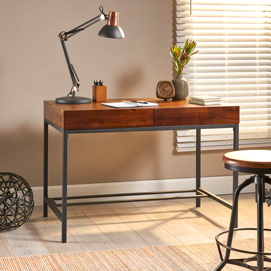 Modern Acacia Wood Writing Desk – 2 Drawer Industrial Home Office Table with Metal Legs