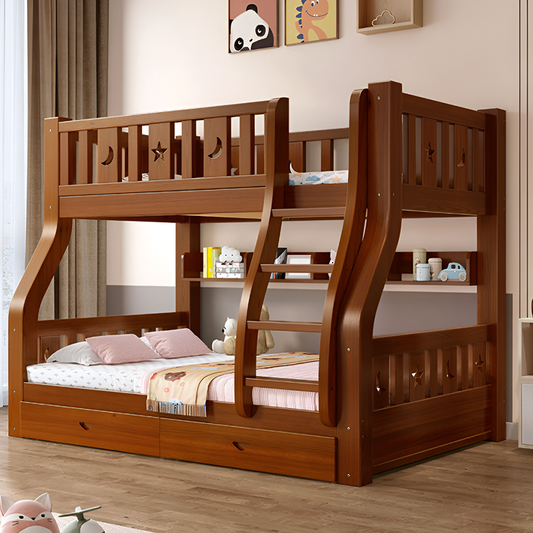 Solid Wood Bunk Bed With Two Storage Drawers, Bookshelf and 2 Mattresses – Double Twin Over Twin Loft Bed for Kids and Adults | Multifunctional Design