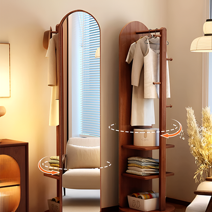 Rotating Full-Length Mirror with Wheels – Solid Wood Corner Wardrobe Stand, Floor Mirror with Coat Rack & Shelves for Bedroom