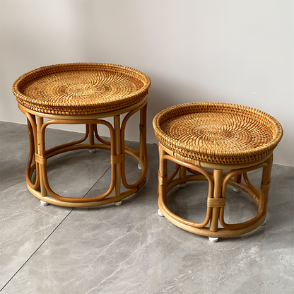 Handmade Rattan Side Table – Round Accent Table for Living Room, Balcony & Snacks Storage