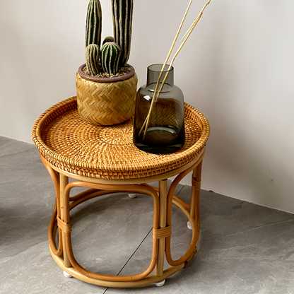 Handmade Rattan Side Table – Round Accent Table for Living Room, Balcony & Snacks Storage